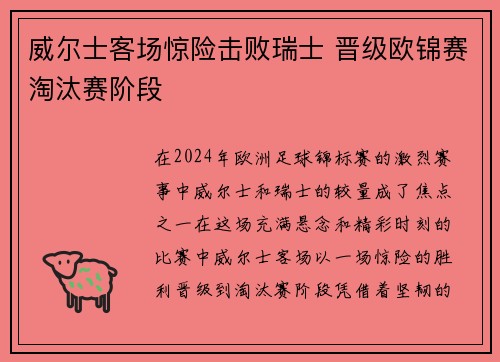 威尔士客场惊险击败瑞士 晋级欧锦赛淘汰赛阶段