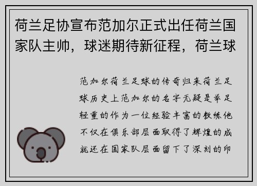 荷兰足协宣布范加尔正式出任荷兰国家队主帅，球迷期待新征程，荷兰球员范