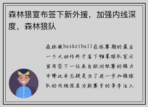 森林狼宣布签下新外援，加强内线深度，森林狼队