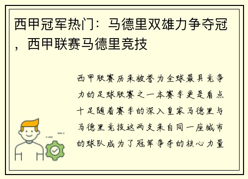 西甲冠军热门：马德里双雄力争夺冠，西甲联赛马德里竞技