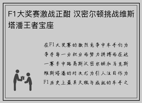 F1大奖赛激战正酣 汉密尔顿挑战维斯塔潘王者宝座