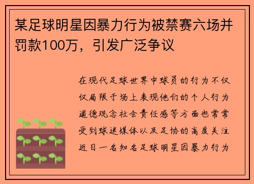 某足球明星因暴力行为被禁赛六场并罚款100万，引发广泛争议