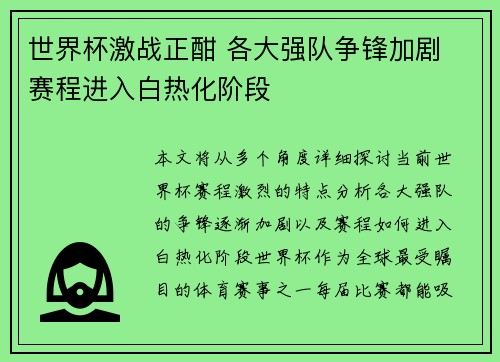 世界杯激战正酣 各大强队争锋加剧 赛程进入白热化阶段